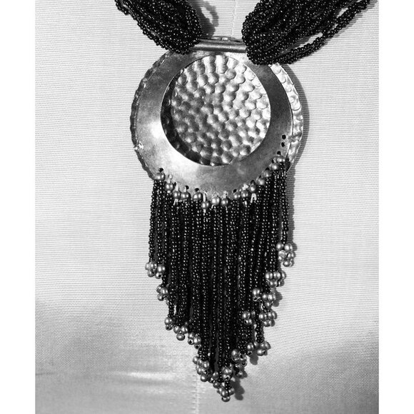 Silver-Tone Hammered Metal Pendant Black Multi-String Seed Bead Necklace Costume - Picture 3 of 8